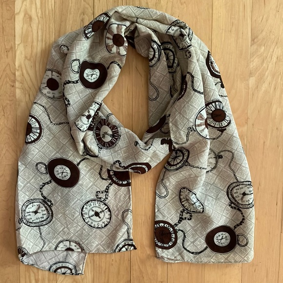FREE clocks pocket watch printed scarf brown tan - Picture 1 of 7